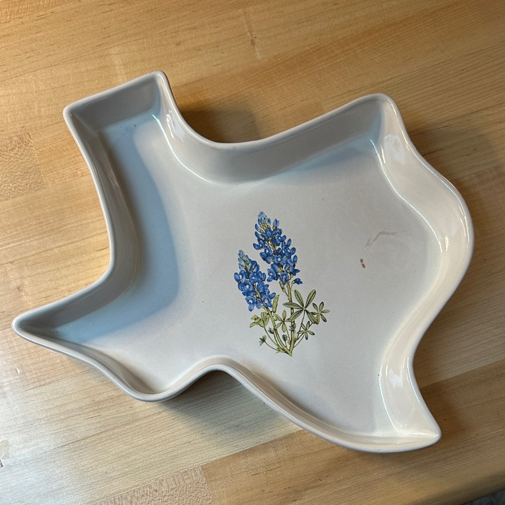 Texas Shaped Ceramic Dish with Bluebonnet Design